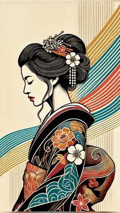 This elegant illustration captures a serene woman dressed in a traditional black kimono adorned with floral patterns. Her delicate hairpiece and the flowing lines of her attire evoke a sense of calm and reflection. The muted background emphasizes the intricate details of her kimono, creating a perfect balance between simplicity and sophistication. Ideal for those who admire the timeless beauty of traditional Japanese fashion and quiet moments of introspection.  #KimonoBeauty #JapaneseArt #Kimono #PopArt	 #JapaneseCulture Traditional Japanese Geisha Drawing, Traditional Japanese Fashion, Japanese Geisha Drawing, Geisha Drawing, Geisha Artwork, Kimono Woman, Muted Background, Elegant Illustration, Black Kimono