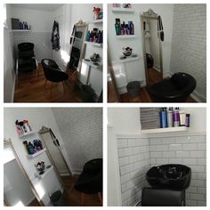 four different shots of a hair salon with black chairs and white tiles on the walls