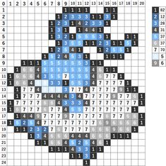 an image of a cross stitch chart with numbers and times in blue, black and white