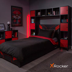 a bedroom with red and black furniture in the corner, including a bookcase bed