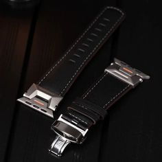 Introducing the Apple Watch Ultra Leather Band - Mech Style Design, a perfect blend of classic elegance and futuristic aesthetics. Crafted from premium leather, this band offers a durable and comfortable fit for daily wear. The unique mech style design adds a touch of modern sophistication, making it a standout accessory for your Apple Watch. Whether you're attending a formal event or engaging in everyday activities, this band seamlessly combines style and functionality. Designed for those who appreciate innovation and quality, the Apple Watch Ultra Leather Band - Mech Style is perfect for any occasion. The high-quality leather not only ensures longevity but also provides a soft, luxurious feel against your skin. The intricate mech design elements give your Apple Watch a distinctive look t Luxury Black Leather Strap Watch Bands, Black Leather Strap Watch Bands For Business, Business Leather Apple Watch Band In Black, Black Leather Watch With Bracelet Strap, Luxury Leather Watch Accessories With Black Band, Business Black Leather Apple Watch Band, Black Leather Bracelet Strap Watch, Leather Watch Bands For Business, Adjustable Silver Leather Watch Accessories