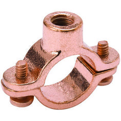 an copper plated metal clamp with two screws on each end and one nut in the middle