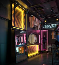 the inside of a clothing store with neon lights