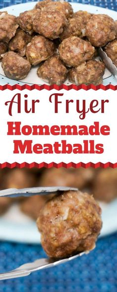 an air fryer homemade meatballs recipe on a plate with a fork and spoon