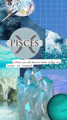 there is a collage with different pictures and words on it, including the word pisces