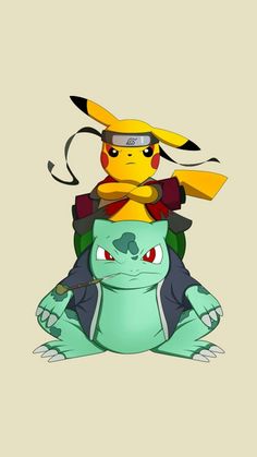 pokemon and pikachu sitting on top of each other with their heads together in the air