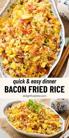 a plate of bacon fried rice with eggs and diced veggies Bacon Fried Rice Recipe, Potluck Party Food, Bacon Dinner, Risotto Dishes, Fried Rice With Egg, Kitchen Staples, Bacon Fries