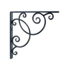 an iron shelf bracket with scrolly design on the top and bottom, shown in black