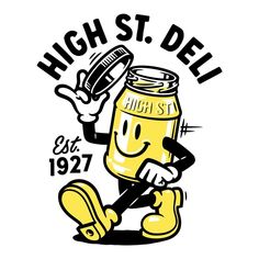 a yellow background with a cartoon character holding a can of beer and the words high st deli on it