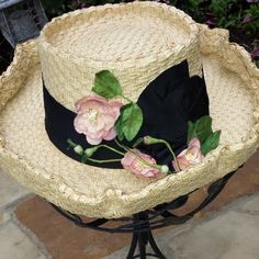 Natural Straw Hat With Pink Roses And Black Trim Casual Hat, Girls Weekend, Black Trim, Straw Hat, Pink Roses, Cool Girl, Straw, Roses, Women Accessories