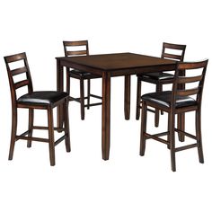 a wooden table with four chairs and a square dining room table on top of it