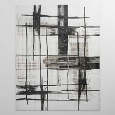 an abstract painting with black and white lines on the bottom half of it, against a gray background