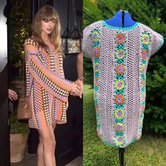 Upgrade your summer wardrobe with our Crochet Summer Dress or Beach Cover Up. Inspired by the viral Taylor Swift crochet dress , this box style dress features unique orange and yellow flowers and a soft lilac hue. Florals are on both front and back of dress. Trimmed at neckline, arms and hem with turquoise. The short sleeves provide some upper arm covering and the boxy style is flattering. Medium to XL fit. Measurements: Armpit to Armpit 23" Length from top of shoulder to hem 32" Yarn is cotton Orange Crochet Dress For Beach In Spring, Multicolor Crochet Dress For Spring And Summer, Handmade Multicolor Dresses For Spring, Handmade Multicolor Spring Dresses, Multicolor Crochet Dress For Spring, Multicolor Bohemian Crochet Dress For Spring, Casual Orange Crochet Dress For Vacation, Yellow Crochet Dress For Summer Vacation, Yellow Crochet Dress For Spring Vacation