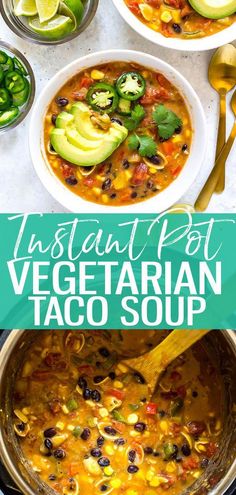 instant pot vegetarian taco soup with avocado and cilantro on the side