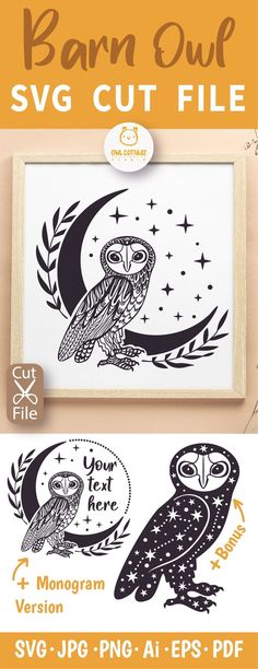 an owl is sitting on top of a wooden frame with the words barn owl svg cut