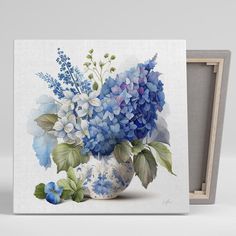 a painting of blue flowers in a white vase