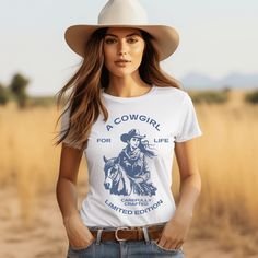 Our A Cowgirl for life t-shirt, is the perfect blend of style and western charm! Whether you're out on the ranch, riding your favorite horse, or simply rocking a casual yet chic look, this t-shirt is a must-have addition to your wardrobe. Do your t-shirts fail to keep up with your active, on-the-go lifestyle? Are you constantly tugging at your shirt or dealing with it shrinking in the wash can be a real drag, especially when you're out exploring or busy with errands. Our Bella & Canvas Unisex t- Graphic Tee Tops For Ranch, Western Style T-shirt For Ranch In Summer, Fitted Graphic Print T-shirt For Rodeo, Western Style Summer T-shirt, Crew Neck T-shirt For Western-themed Spring Events, Graphic Tee For Western-themed Spring Events, Spring Graphic Tee For Western-themed Events, Western Style T-shirt For Spring Ranch, Fitted Graphic Print T-shirt For Ranch