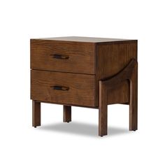 a wooden nightstand with two drawers on one side and an open drawer on the other