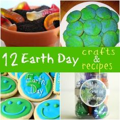 some green and blue decorated cookies with the words earth day written on them