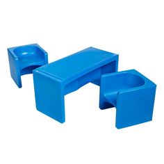 two blue plastic stools sitting next to each other