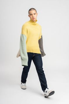 DESCRIPTION Effortless oversized sweater Multi colored sweater Four naturally dyed colors: yellow front, white back, sage sleeve, and purple sleeve Super soft Alpaca wool Extra soft, fluffy sweater Extended sleeves Turtleneck sweater Unisex sweater Made in Peru following ethical practices 100% super soft baby-alpaca wool MIX-AND-BUNDLE Laid-back luxury: pair it with The Shorts for an effortless luxury silhouette. COLORSDark Grey / White / Light Grey / Pink / Blue / Multi color yellow COMPOSITION Yellow Color Block Sweater For Winter, Yellow Long Sleeve Sweater For Layering Outfits, Mustard Oversized Long Sleeve Sweater, Oversized Mustard Long Sleeve Sweater, Yellow Winter Sweater For Layering, Oversized Long Sleeve Mustard Sweater, Oversized Yellow Sweater For Winter, Yellow Oversized Cozy Sweater, Oversized Cozy Yellow Sweater