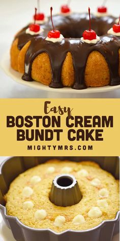 boston cream bundt cake with chocolate icing and cherries on top