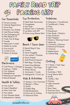 Fun Things To Pack For A Road Trip, Road Trip Essentials For Car, Car Travel Packing List, Car Vacation Road Trip Hacks, Car Trip Packing List, Family Trip Packing List, Kids Roadtrip Essentials, What To Do In A Car Ride, Car Ride Essentials Road Trips