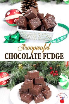 chocolate fudge on a white plate with christmas decorations in the background