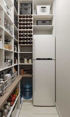 an organized pantry with lots of food and containers on shelves, including a refrigerator freezer