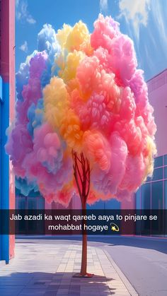 a colorful tree is in front of a building with a quote on it that reads, jab azzid ka wattat gareb aaeeb ayeba says to pinga to pigya to piri se png see?