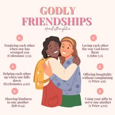 a poster with the words godly friends and two women hugging each other in different languages