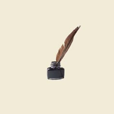 a feather quill sitting on top of a black ink bottle next to a white wall