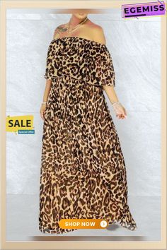 Popular Large Off Shoulder Loose Leopard Print Dress Dress Leopard Print Vacation Dresses, Sleeveless Leopard Print Dress For Fall, Brown Off-shoulder Summer Dress, Casual Leopard Print Maxi Dress For Party, Casual Brown Chiffon Dress, Brown Off-shoulder Beach Dress, Leopard Print Dress, Print Dress, Leopard Print