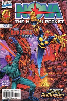 It's another day in the life of your average superhero as Nova zooms in to stop a string of robberies. Piece of cake, right? Well, it's not so easy when the crimes are being committed by...Captain America and the Hulk?! Prepare yourself for massive destruction as the Human Rocket tries to set things right--and almost wrecks New York City in the process! And if that's not bad enough, Rich Rider's ex-girlfriend troubles continue as Namorita keeps her distance and Ginger Jaye lays on the guilt! Wri Erik Larsen, Big Robots, New Warriors, Marvel Series, Silver Surfer, Piece Of Cake, Horror Comics, Comic Book Covers, Comic Covers