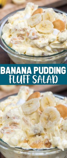 banana pudding fluff salad in a glass bowl on a wooden table with text overlay