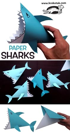 paper sharks that are cut out and placed on top of each other