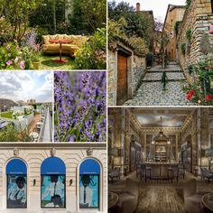 four different pictures show the inside of an old building and surrounding gardens, with flowers in bloom