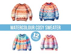 four sweaters with different patterns and colors