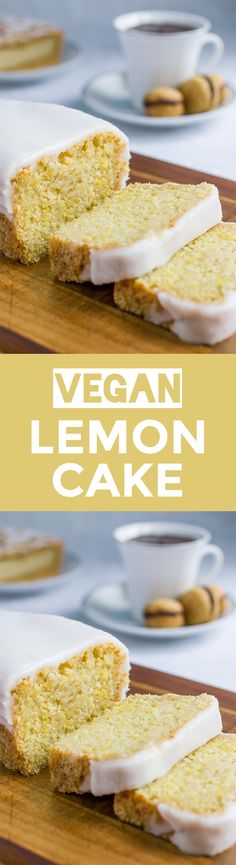 vegan lemon cake on a cutting board with white frosting and almonds in the background