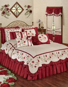 a red and white bed in a bedroom