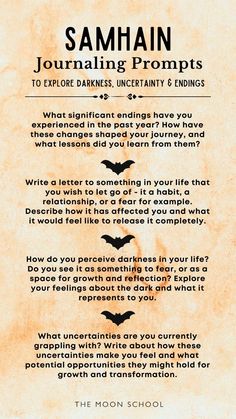 Embrace the enchanting spirit of Halloween, Samhain, and All Hallows Eve with our curated journaling prompts! This magical season invites you to rest and recharge, allowing you to honor the cycles of life and the beauty of darkness. Dive into reflective journaling that encourages you to explore your thoughts and feelings around death, letting go, surrender, the dark feminine, the dark goddess, as you prepare for the new year ahead. Let these prompts guide your creative journey and deepen your connection to this mystical time. 🌙✨ #JournalingPrompts #MagicalCrafting #Samhain #AllHallowsEve #RestAndRecharge Spells To Do On Halloween, Seasonal Witchcraft, Moon Blessing, Fall Writing Prompts, Reflective Journaling, Celtic Paganism