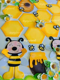 bees and honeycombs are on top of a board with flowers, beehive, and leaves