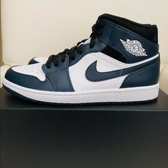 Air Jordan 1 Armory Navy Us Mens Size 10.5 Brand New! Navy Blue Air Jordan 1, Navy Leather High-top Basketball Shoes, Jordan 1 Armory Navy, Blue Jordans Outfit, Cool Shoes For Girls, Dark Blue Shoes, Cute Jordans, Stud Outfits, Nike Jordans