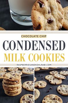 chocolate chip cookies with milk in the background and text overlay that reads, condenseed milk cookies