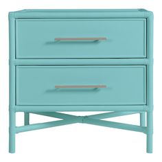 a blue nightstand with two drawers on each side and one drawer open to show the bottom