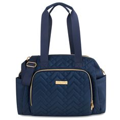 a blue handbag with gold zippers on the front and shoulder straps, in quilted fabric