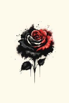 a black and red rose with watercolor splatters on it's petals