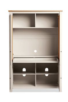 an open bookcase with two drawers and three bins on the bottom, in front of a white background