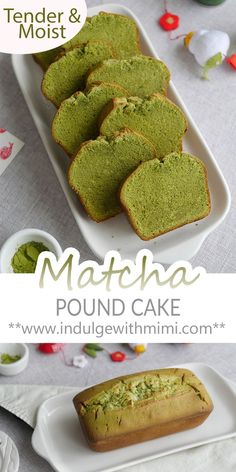 matcha pound cake with cream cheese on top and in the middle, next to it is a loaf of bread