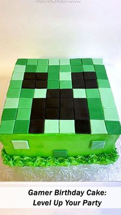 a cake that is made to look like a minecraft birthday cake with the words gamer birthday cake level up your party